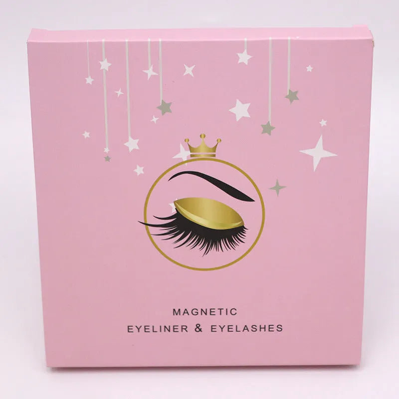 Magnetic eyeliner and five pairs of reusable false mink eyelashes set on white background.