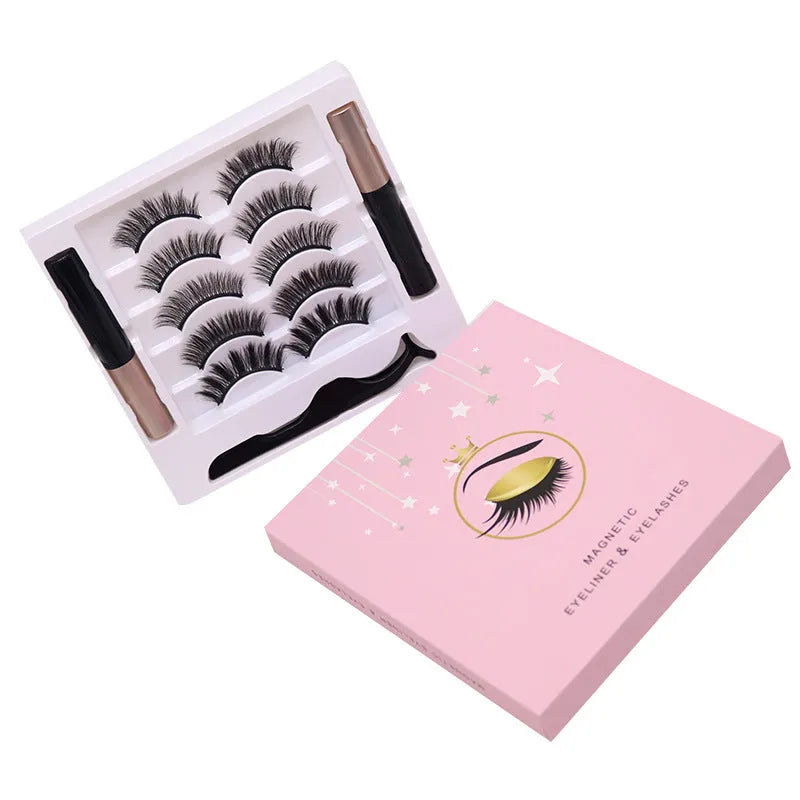 Magnetic eyeliner and five pairs of reusable false mink eyelashes set on white background.