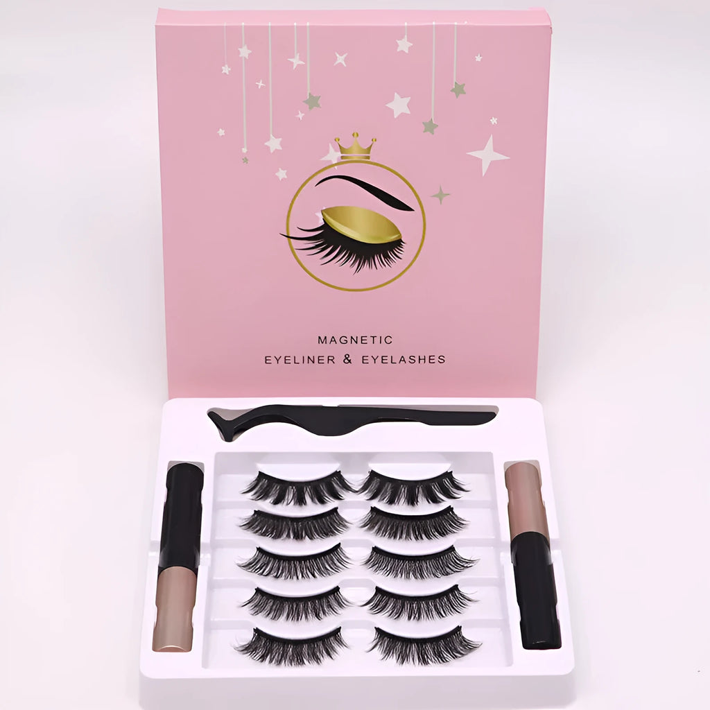 Magnetic eyeliner and five pairs of reusable false mink eyelashes set on white background.