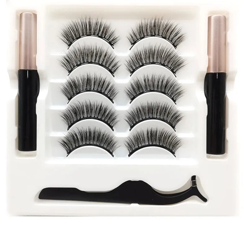 Magnetic eyeliner and five pairs of reusable false mink eyelashes set on white background.