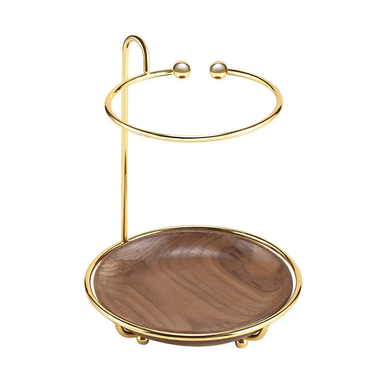 Walnut solid wood ring jewellery storage tray with electroplated iron accents on a flat surface