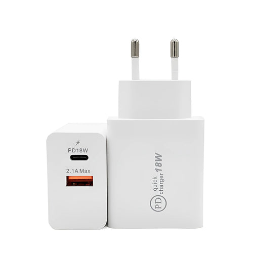 Black 18W USB-C fast wall charger with US plug next to a smartphone