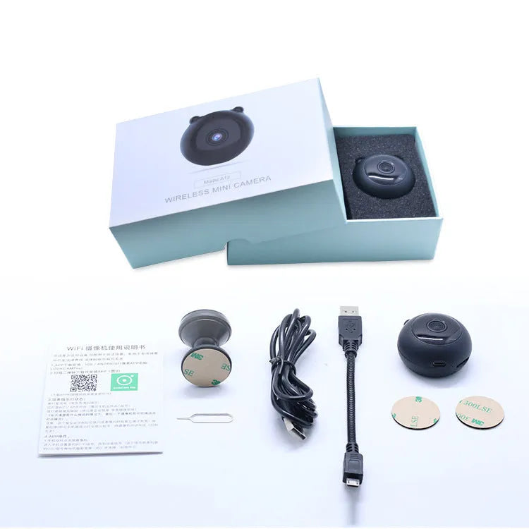 Black smart wifi wireless camera with 1080P night vision, 4.5cm size, plastic body, and 360-degree base