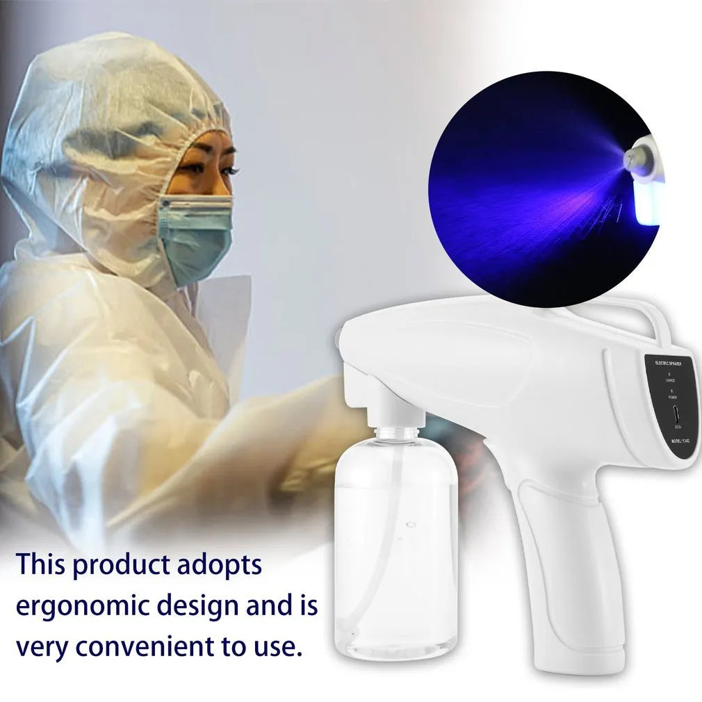 White handheld cordless electric disinfectant sprayer with USB-C charging port