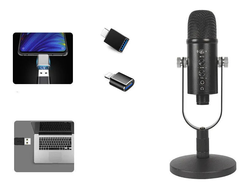 Black JIY BM-86PRO USB condenser microphone on a metal stand with foam windscreen.