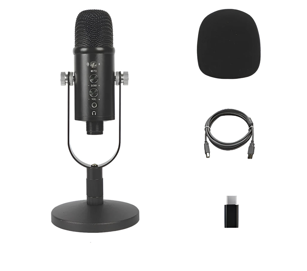 Black JIY BM-86PRO USB condenser microphone on a metal stand with foam windscreen.