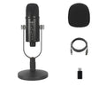 Black JIY BM-86PRO USB condenser microphone on a metal stand with foam windscreen.