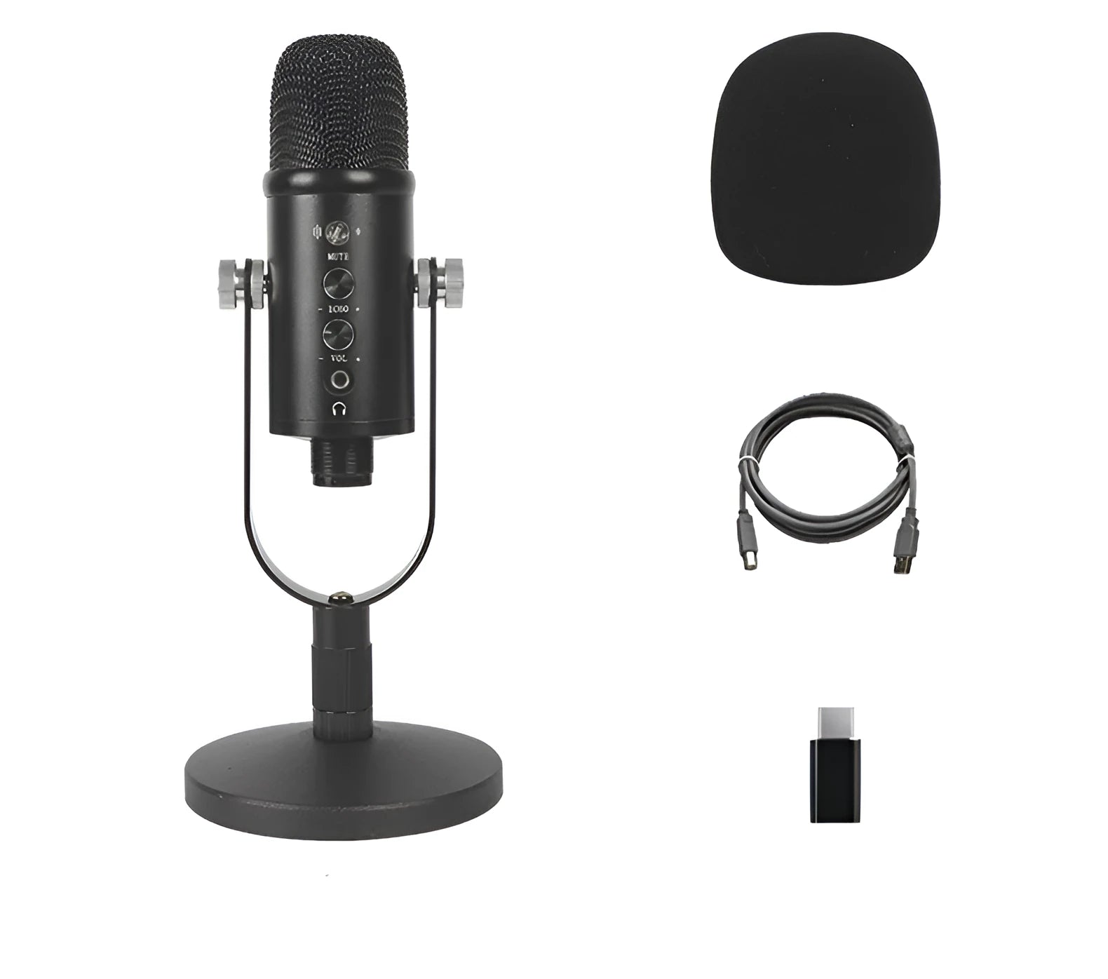 Black JIY BM-86PRO USB condenser microphone on a metal stand with foam windscreen.