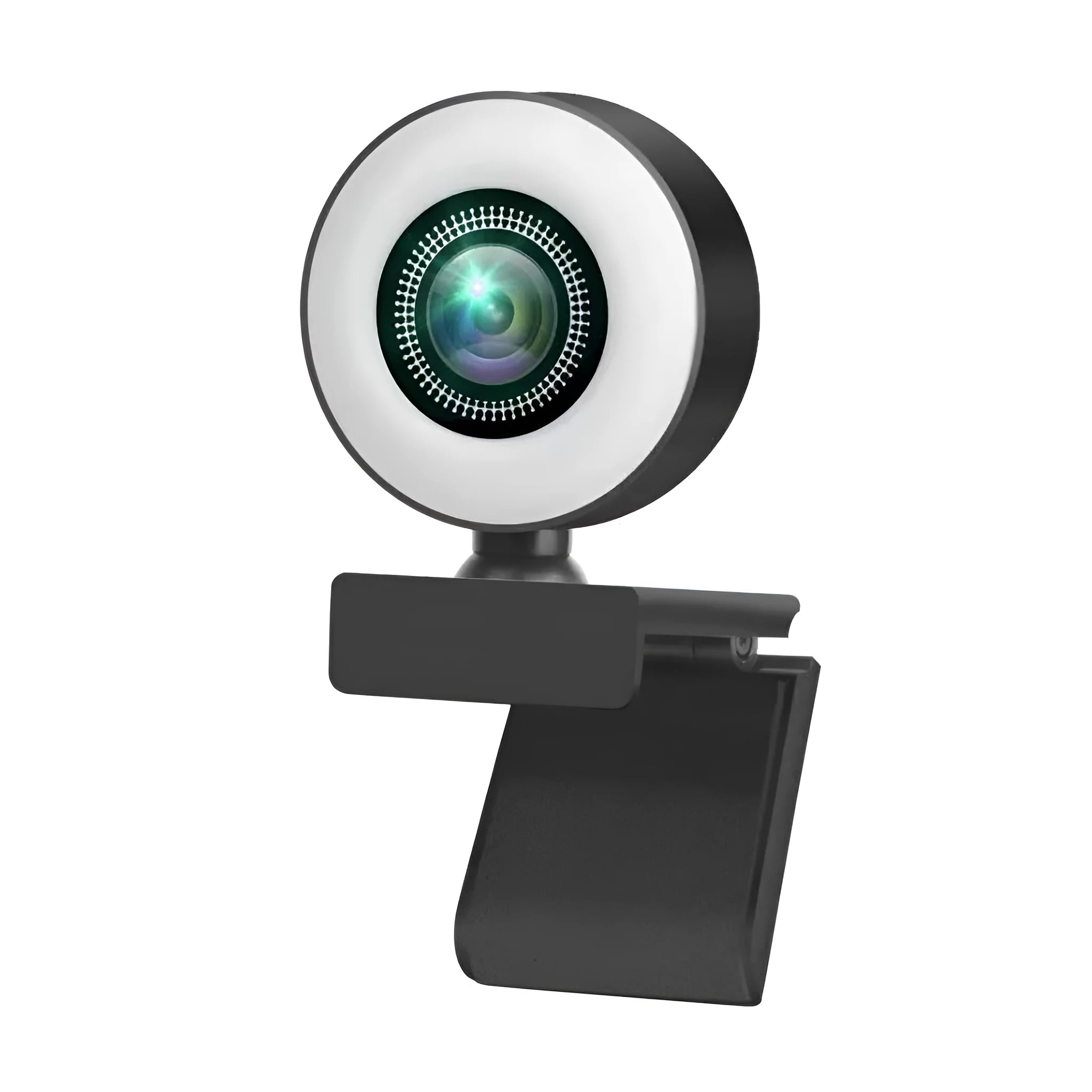 Black USB desktop webcam with a built-in fill light ring around the lens.