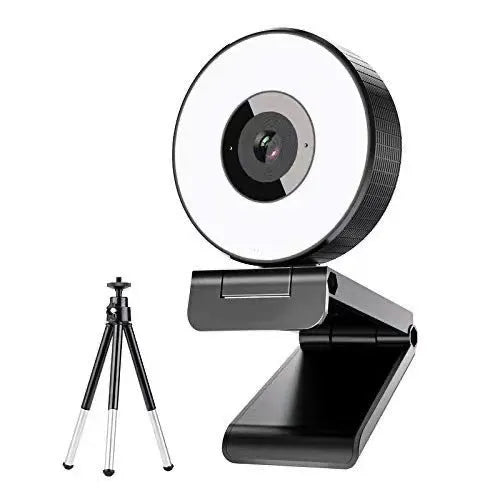 Black USB desktop webcam with a built-in fill light ring around the lens.