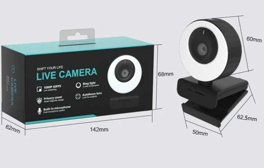 Black USB webcam with magnetic privacy cover on a 1.7m cable for 1080p Full HD video at 60FPS.