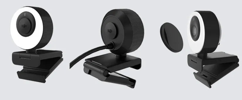 Black USB webcam with magnetic privacy cover on a 1.7m cable for 1080p Full HD video at 60FPS.
