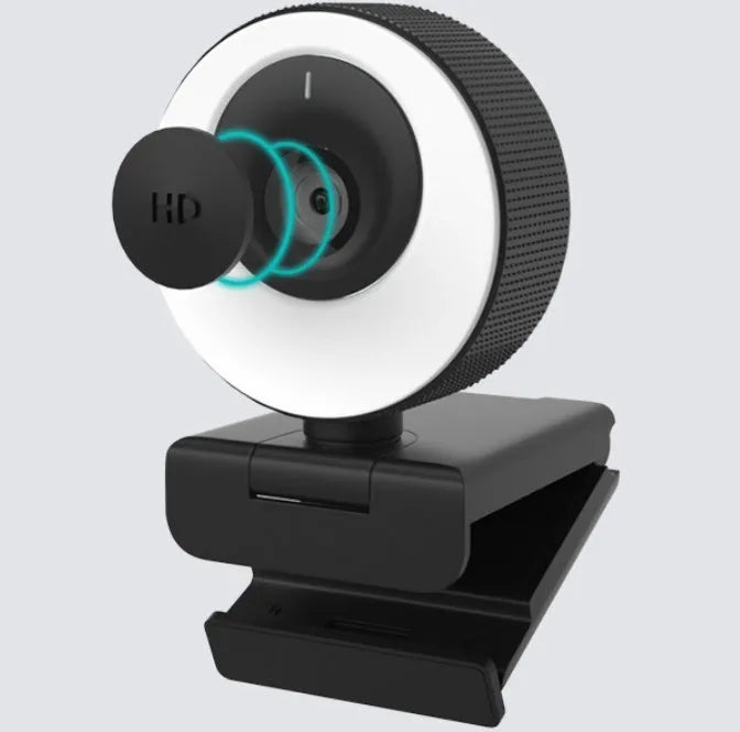 Black USB webcam with magnetic privacy cover on a 1.7m cable for 1080p Full HD video at 60FPS.