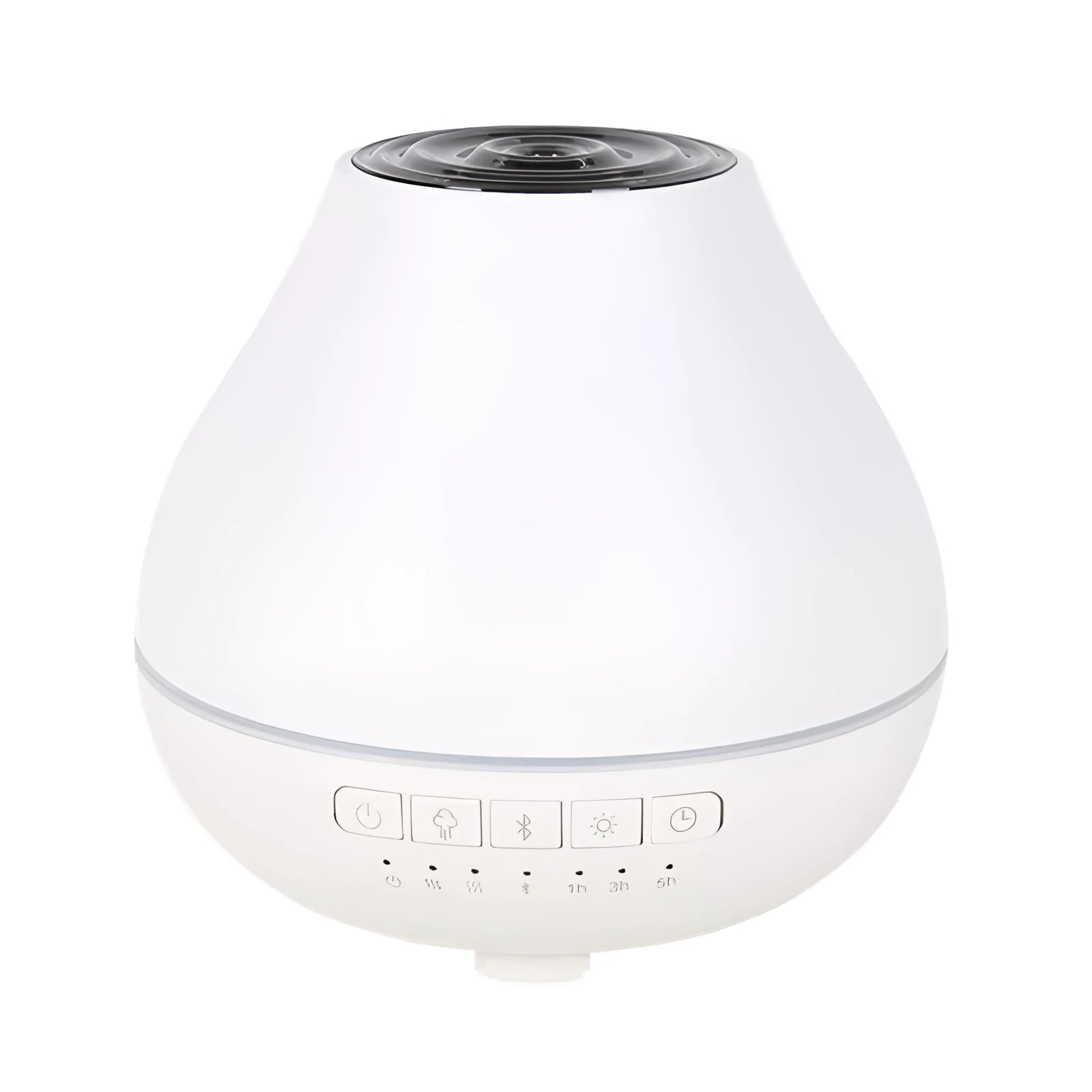 White round Bluetooth aroma diffuser with night light on wooden table, showing mist outlet and water tank.