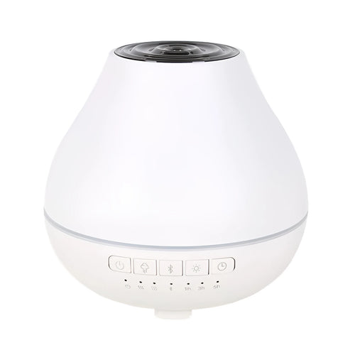White round Bluetooth aroma diffuser with night light on wooden table, showing mist outlet and water tank.