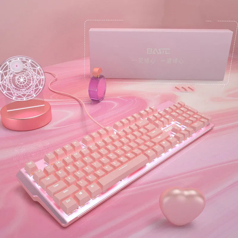 Pink wired mechanical keyboard and mouse gaming set with USB cable