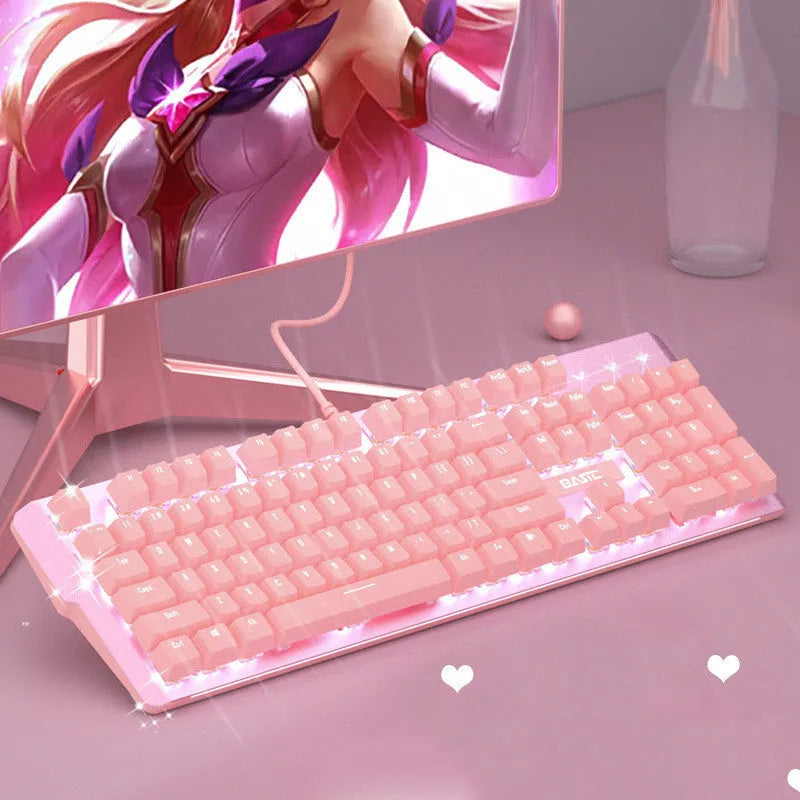 Pink wired mechanical keyboard and mouse gaming set with USB cable