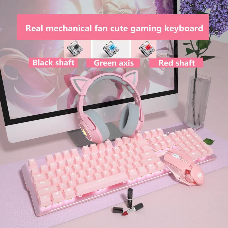 Pink wired mechanical keyboard and mouse gaming set with USB cable