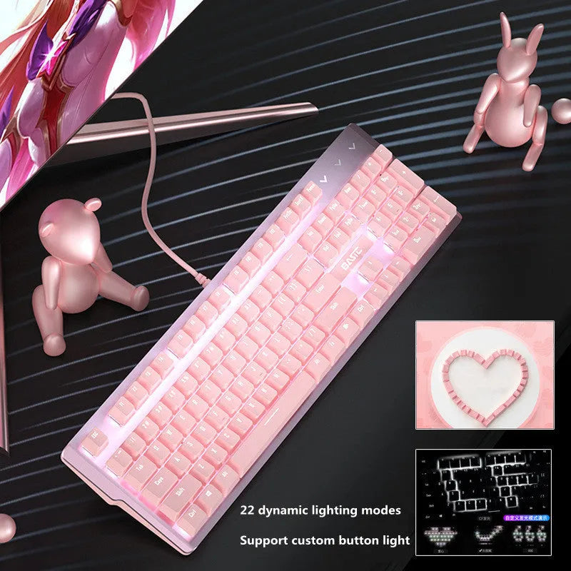 Pink wired mechanical keyboard and mouse gaming set with USB cable