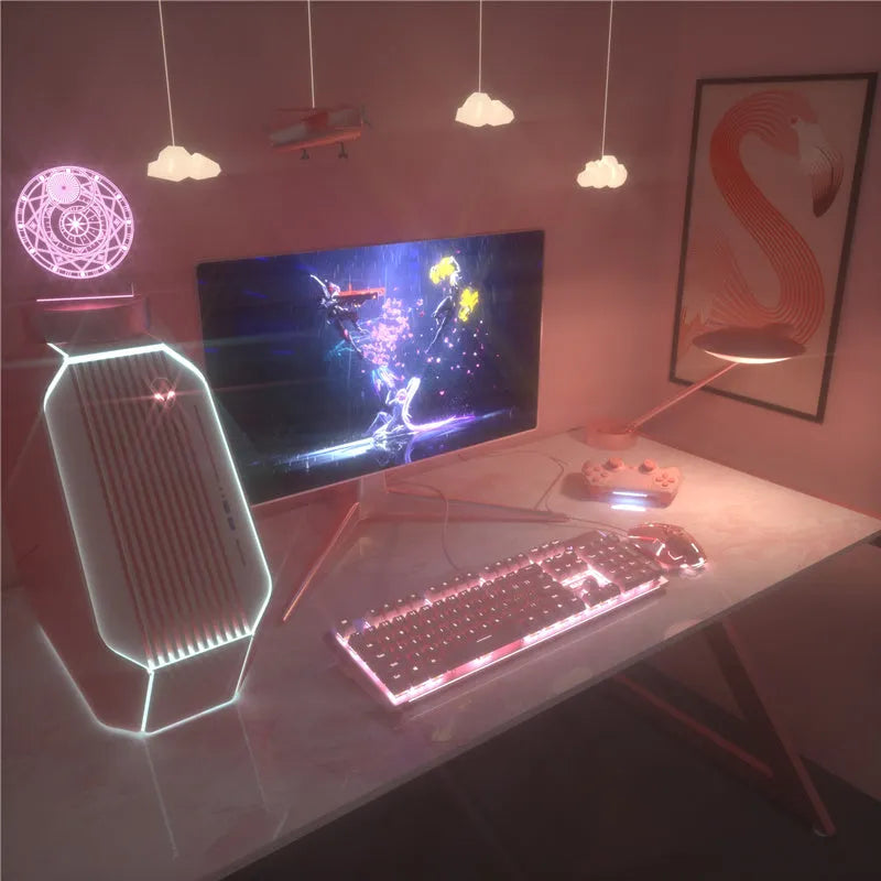 Pink wired mechanical keyboard and mouse gaming set with USB cable