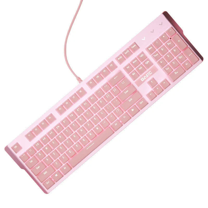 Pink wired mechanical keyboard and mouse gaming set with USB cable