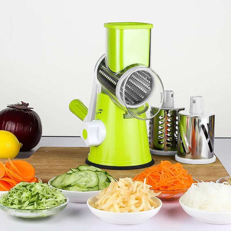 Blue multi-function vegetable chopper with suction cup base on a kitchen counter.