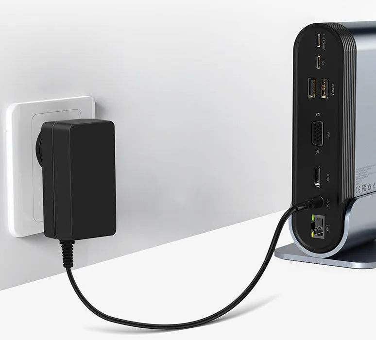 Deep space grey 16-in-1 Type-C docking station for laptops on a desk.