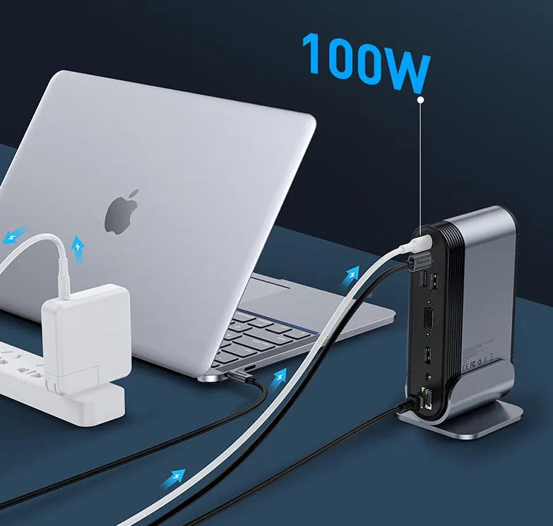 Deep space grey 16-in-1 Type-C docking station for laptops on a desk.