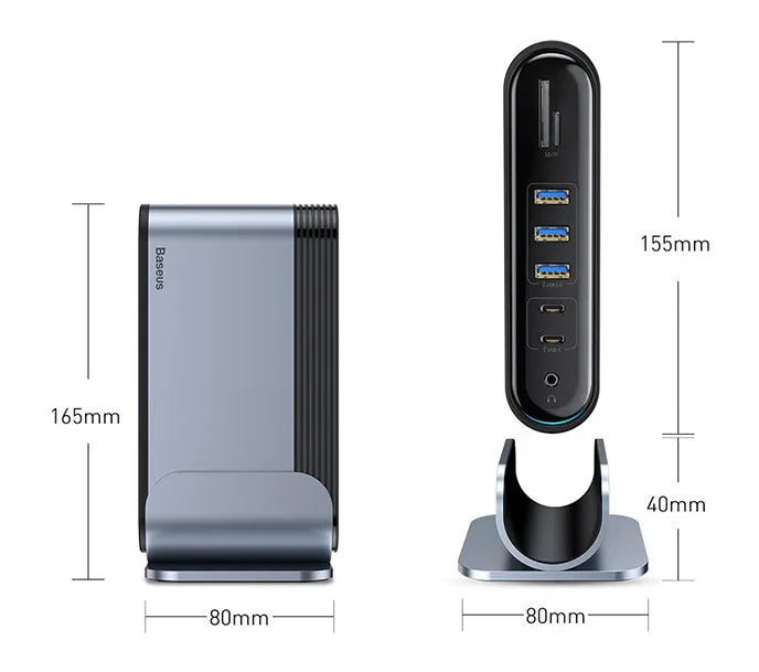 Deep space grey 16-in-1 Type-C docking station for laptops on a desk.