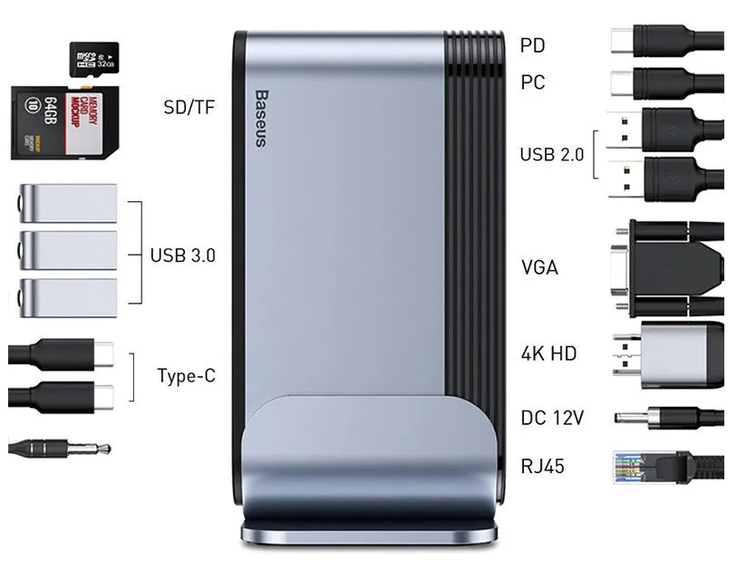 Deep space grey 16-in-1 Type-C docking station for laptops on a desk.