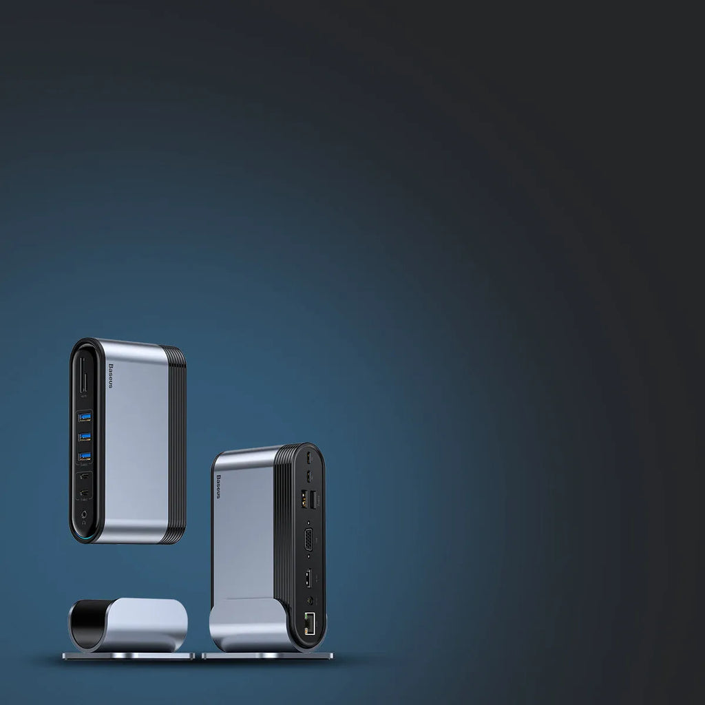 Deep space grey 16-in-1 Type-C docking station for laptops on a desk.