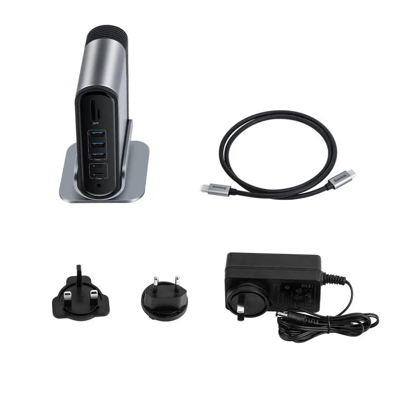 Deep space grey 16-in-1 Type-C docking station for laptops on a desk.