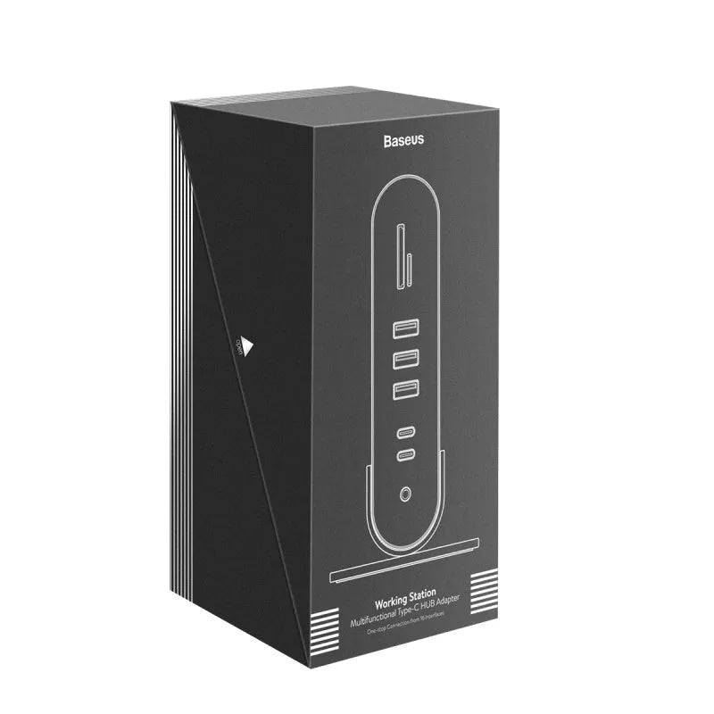Deep space grey 16-in-1 Type-C docking station for laptops on a desk.