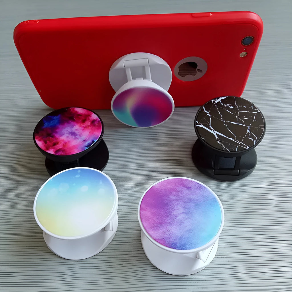 Folding mobile phone stand with thermal transfer aluminium design in various colour options