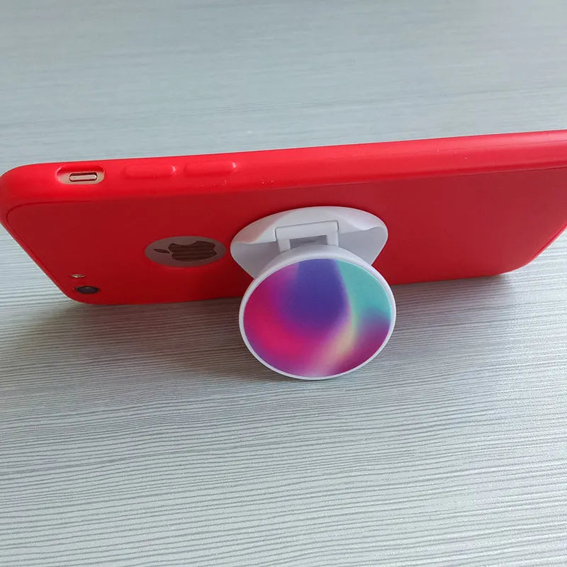 Folding mobile phone stand with thermal transfer aluminium design in various colour options