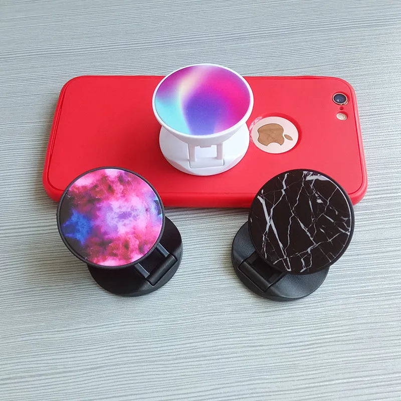 Folding mobile phone stand with thermal transfer aluminium design in various colour options