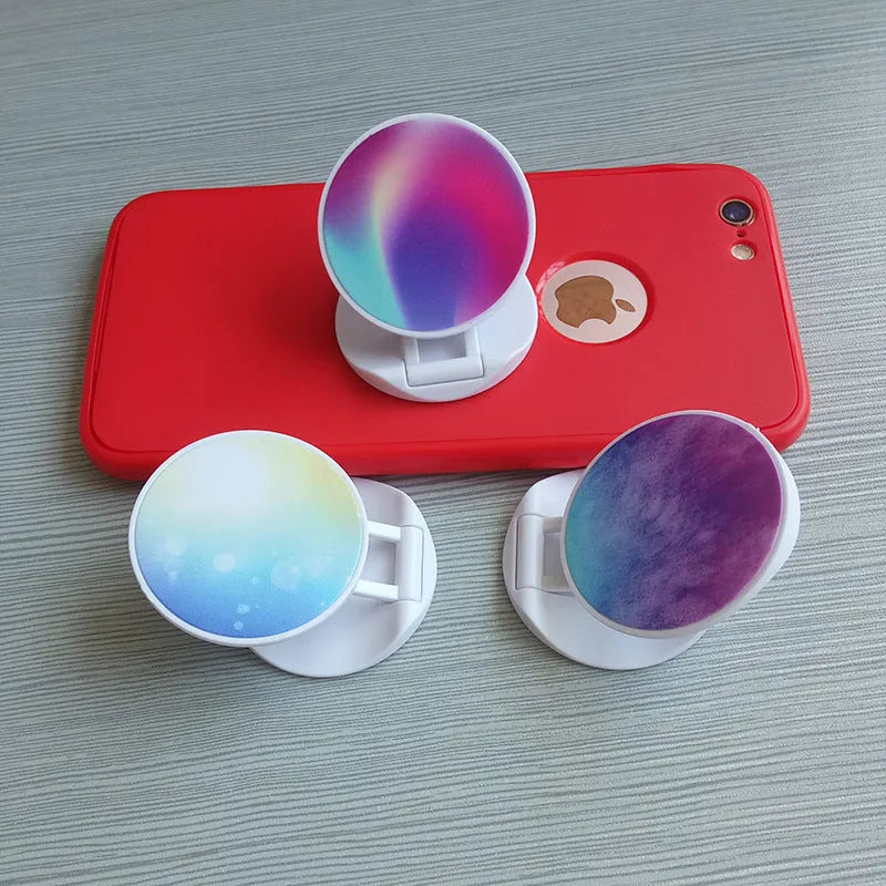 Folding mobile phone stand with thermal transfer aluminium design in various colour options