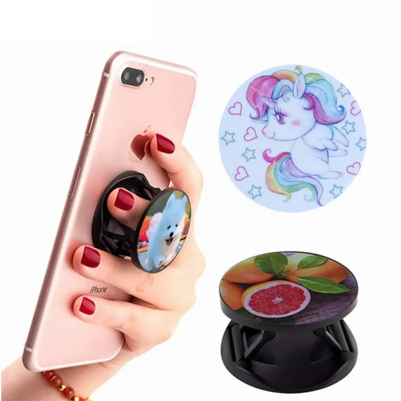 Folding mobile phone stand with thermal transfer aluminium design in various colour options