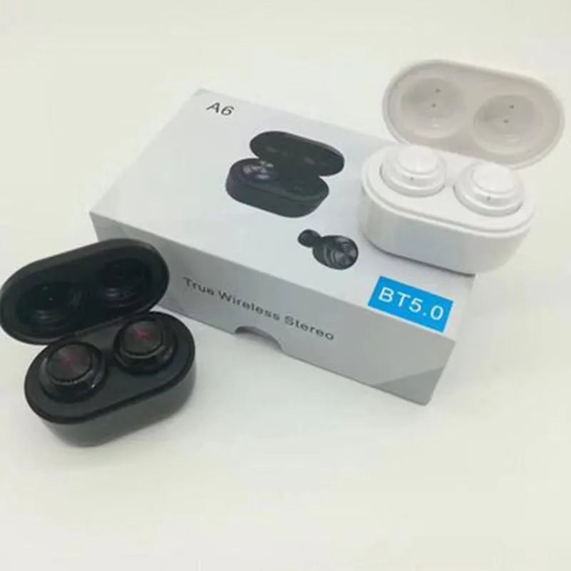 A6 True Wireless Stereo Bluetooth headset in black or white with earplug design
