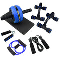 Green resistance bands and push-up bar abdominal fitness equipment set on a floor.