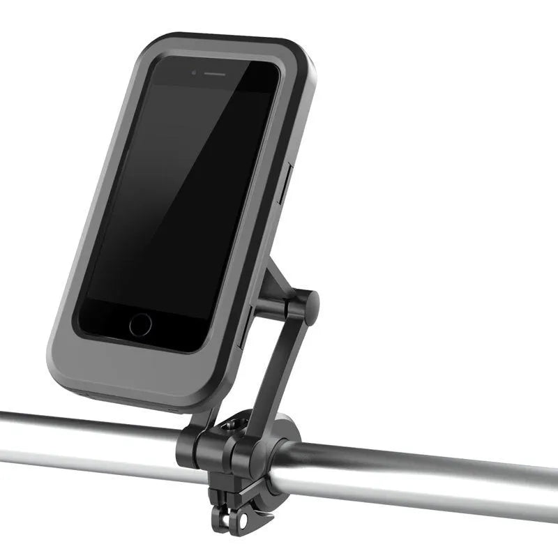Black waterproof bicycle motorcycle phone holder with adjustable joints and magnetic suction on handlebars