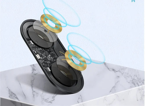 Baseus black wireless charging stand with iPhone on angled top and AirPods case on lower pad, showing foldable hinge.