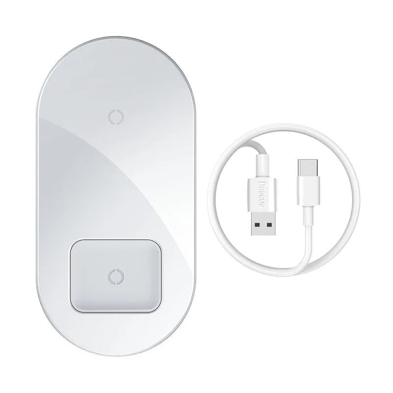 Baseus black wireless charging stand with iPhone on angled top and AirPods case on lower pad, showing foldable hinge.