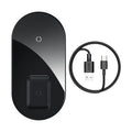 Baseus black wireless charging stand with iPhone on angled top and AirPods case on lower pad, showing foldable hinge.