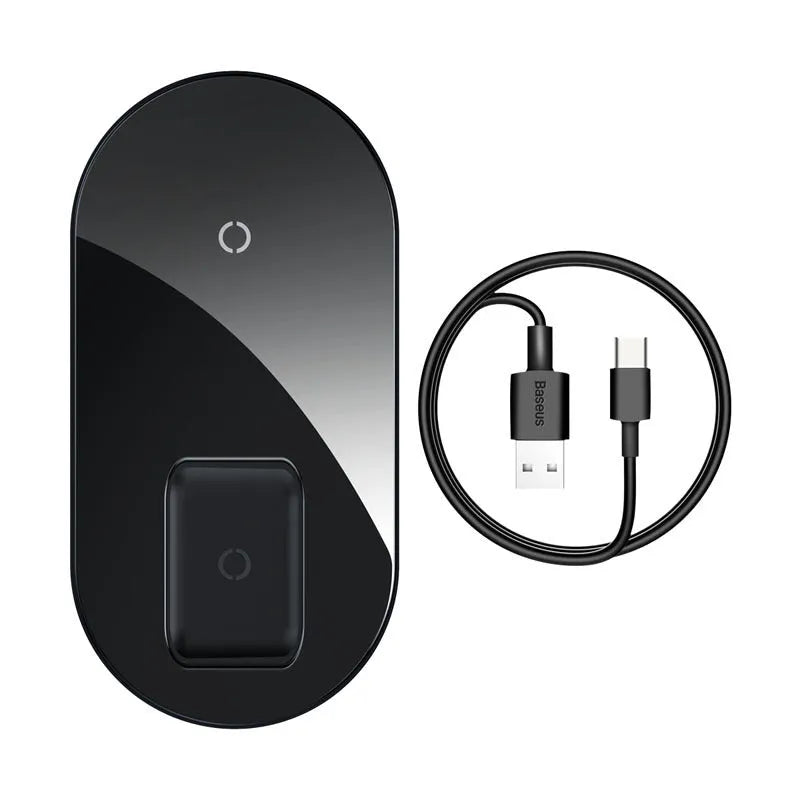 Baseus black wireless charging stand with iPhone on angled top and AirPods case on lower pad, showing foldable hinge.