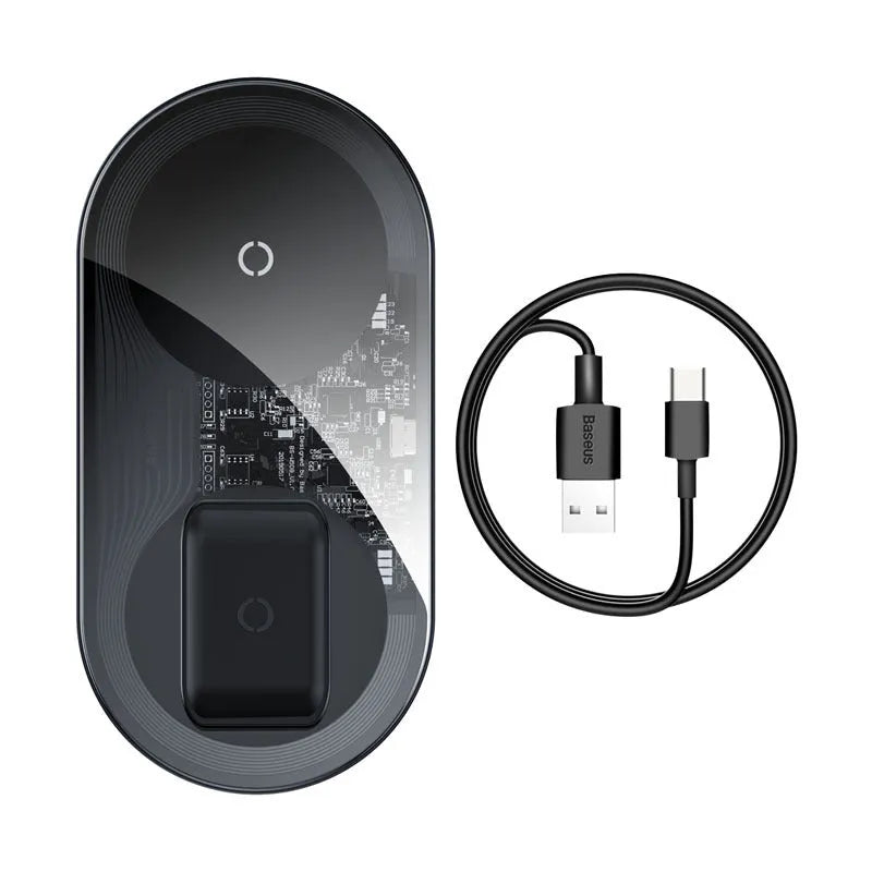 Baseus black wireless charging stand with iPhone on angled top and AirPods case on lower pad, showing foldable hinge.