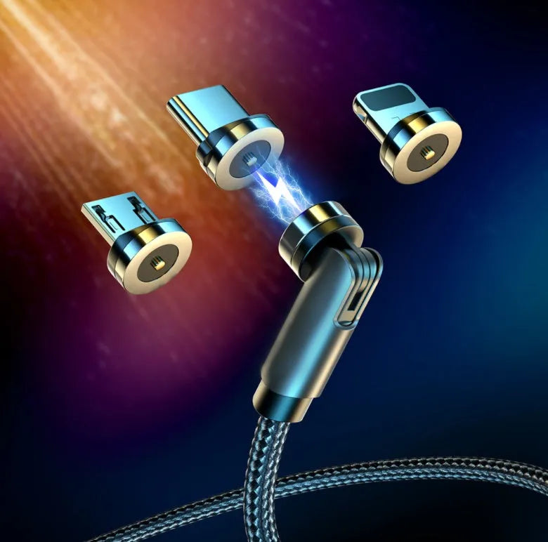 Essager black magnetic USB cable with 360-degree rotating head and blue LED light, shown with Micro USB, Lightning, and Type C tips.