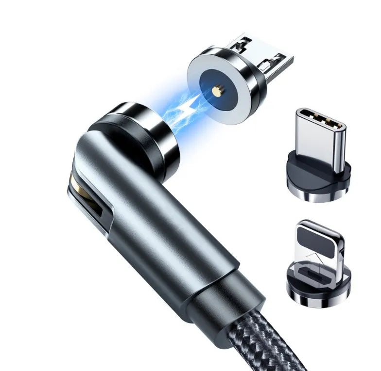 Essager black magnetic USB cable with 360-degree rotating head and blue LED light, shown with Micro USB, Lightning, and Type C tips.