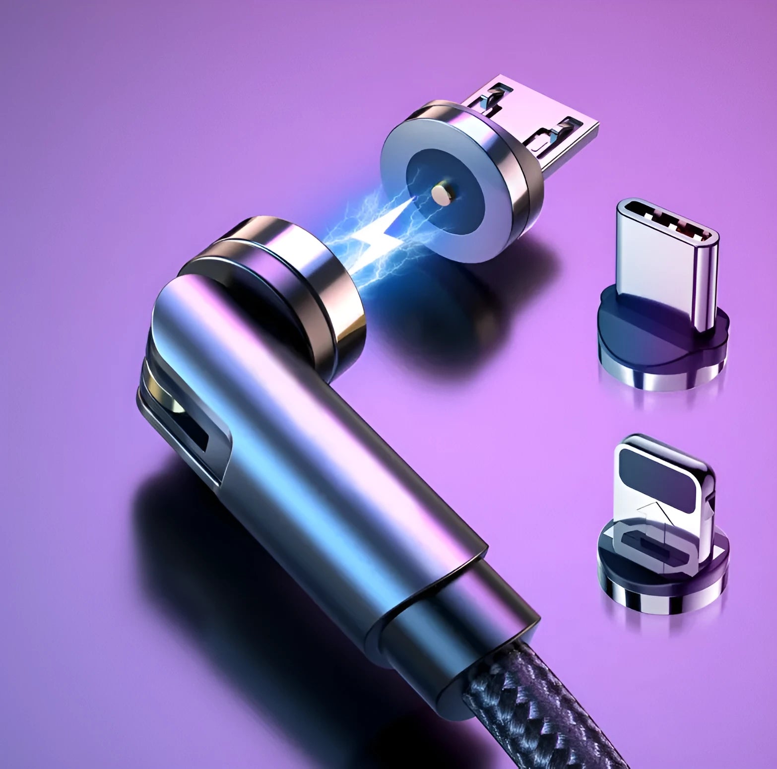 Essager black magnetic USB cable with 360-degree rotating head and blue LED light, shown with Micro USB, Lightning, and Type C tips.