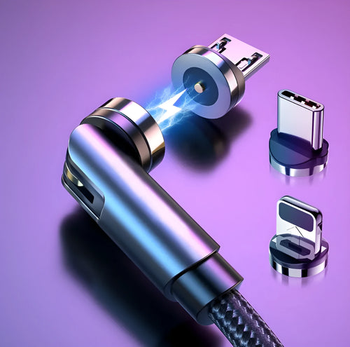 Essager black magnetic USB cable with 360-degree rotating head and blue LED light, shown with Micro USB, Lightning, and Type C tips.